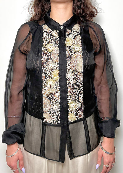 Women Size M Dennis Basso Black Seashells Detail, Sheer LS Button-down Blouse