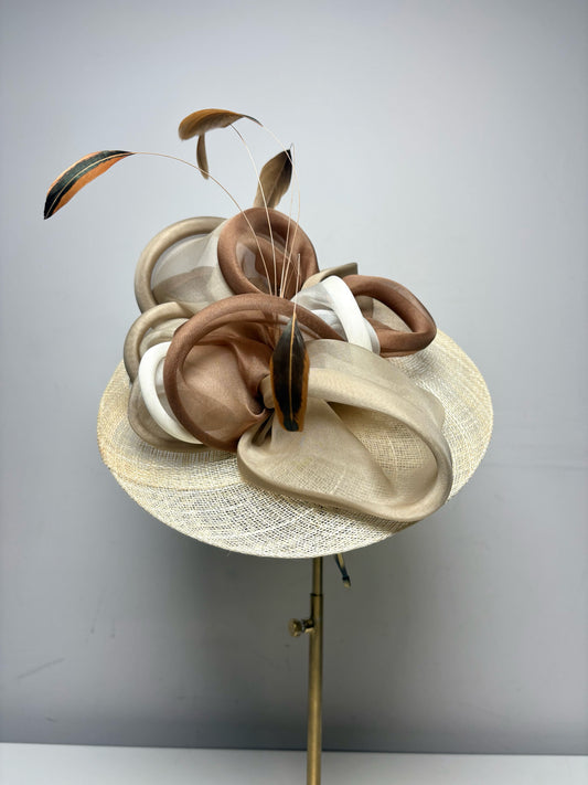 Christine A. Moore Tan Mesh & Rattan Pre-Owned Fascinator Headband Hat
