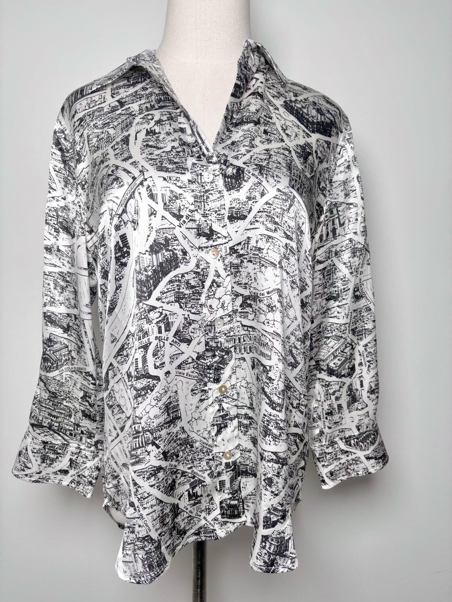 Women Size S/P L'Agence Black, White French Road Map Silk Shirt