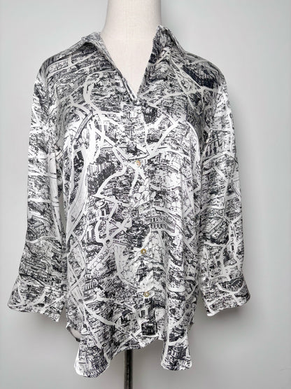 Women Size S/P L'Agence Black, White French Road Map Silk Shirt