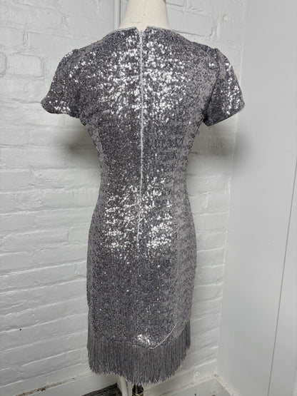 Women Size 4 Aqua Dresses Silver Sequins Fringe Hemline Sheath Dress