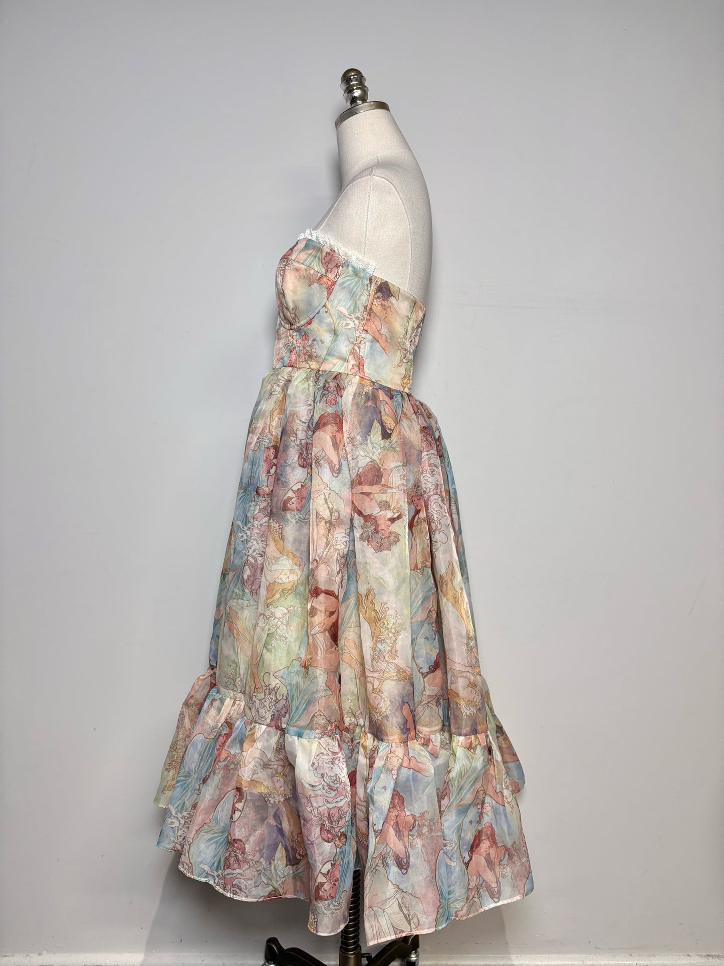 Women Size L Selkie Tan Fairies Print Strapless Pre-owned Dress