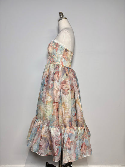 Women Size L Selkie Tan Fairies Print Strapless Pre-owned Dress