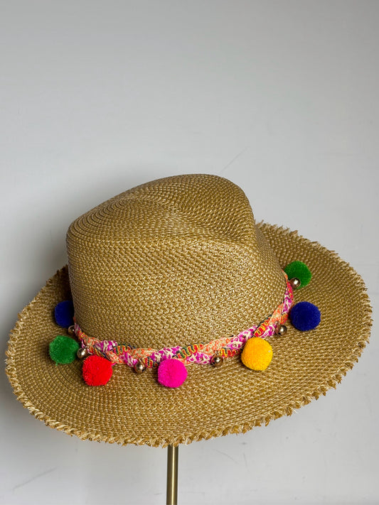 Eric Javits Straw Multi-color Pom Poms Pre-owned Natural One Size Hat