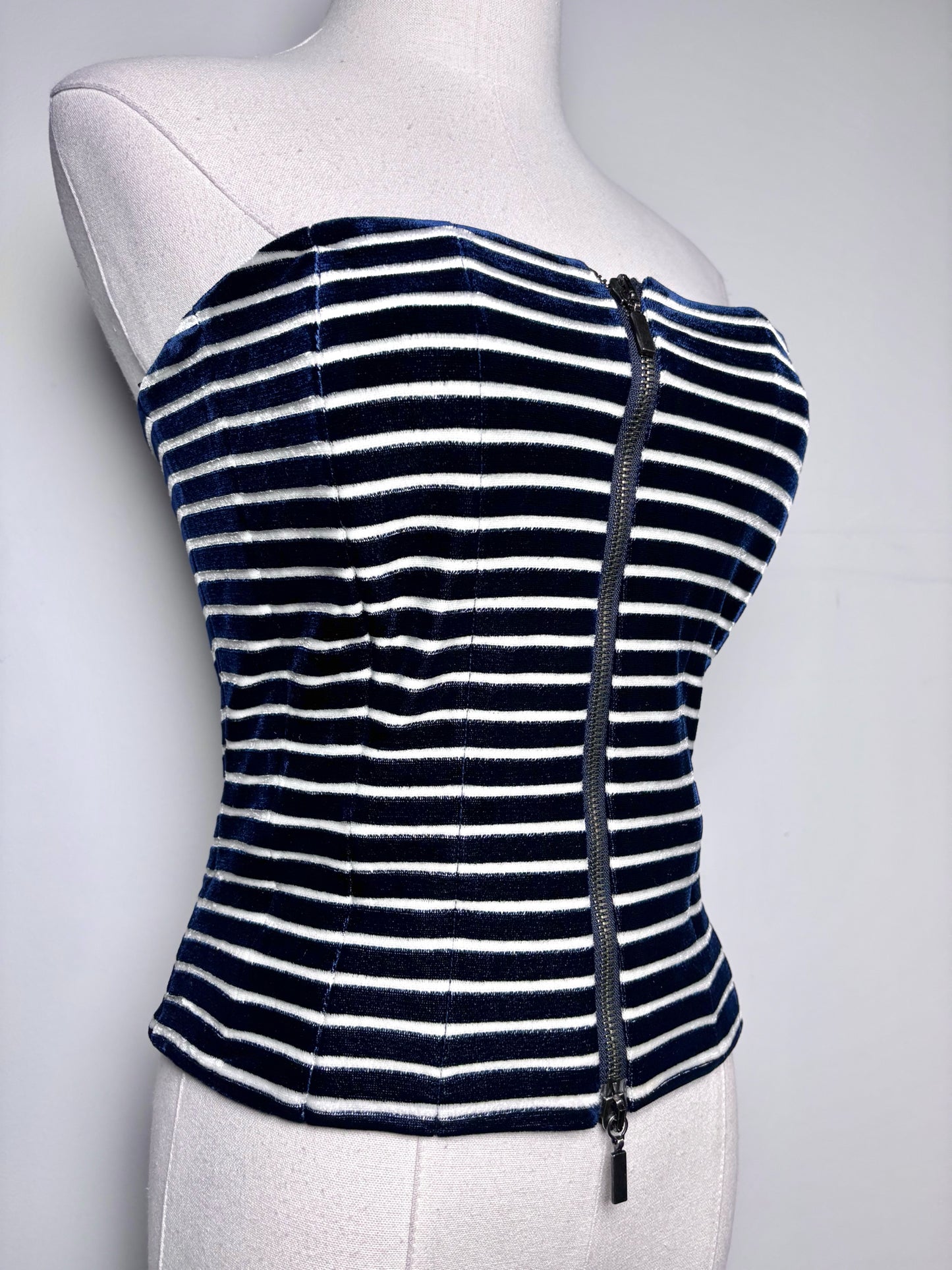 Women Size 4 (S) Giorgio Armani Blue, White Striped Bustier, Jacket Set