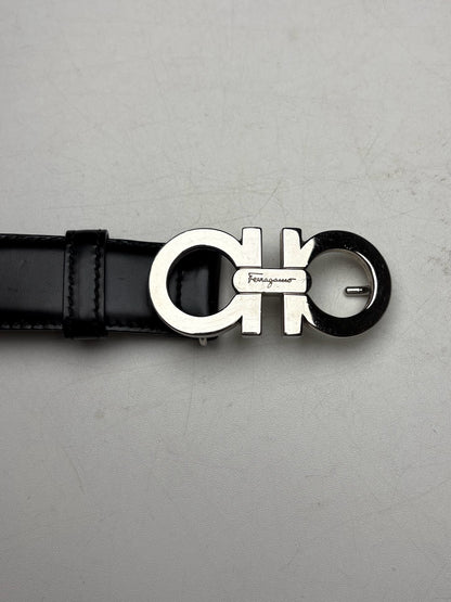 Women's Authentic Salvatore Ferragamo Gancini Black Leather Silver-Tone Buckle Pre-Owned Belt