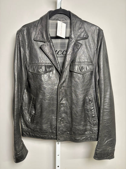 Gucci Black Leather Solid Men's 48 Button Down Plaid Lining Jacket