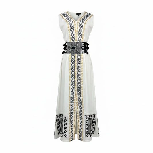 Women Size M NEMA Resort Wear Ivory Embroidered 100% Cotton Pre-owned Dress
