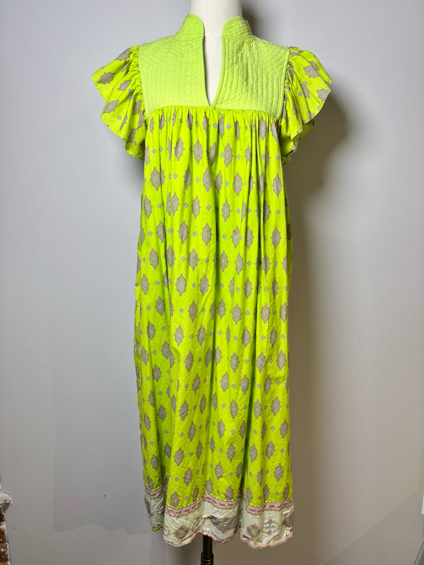 Women Size M Manoush Lime Green Print Cotton Dress