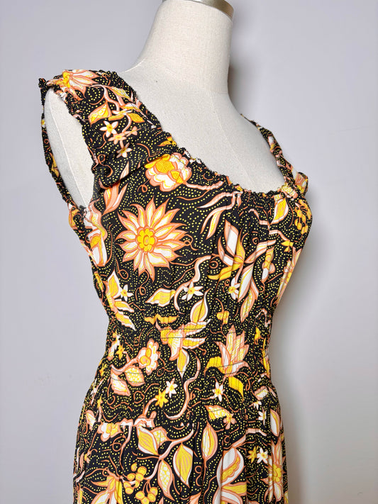 Women Size 2 The Kooples Black, Salmon, Yellow, Green Floral Print Dress