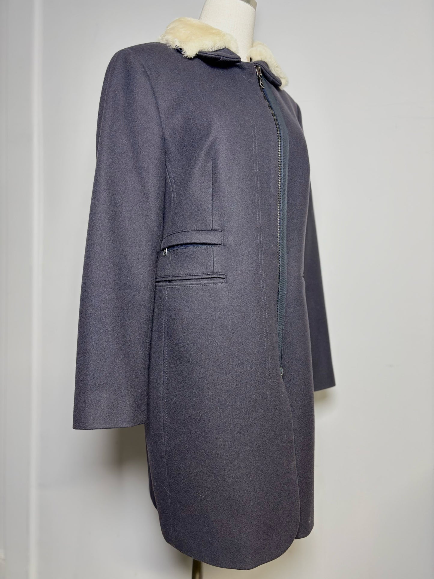 Women Size 46 (10, US) Peserico Blue Solid Fleece Wool, Cashmere Blend Coat