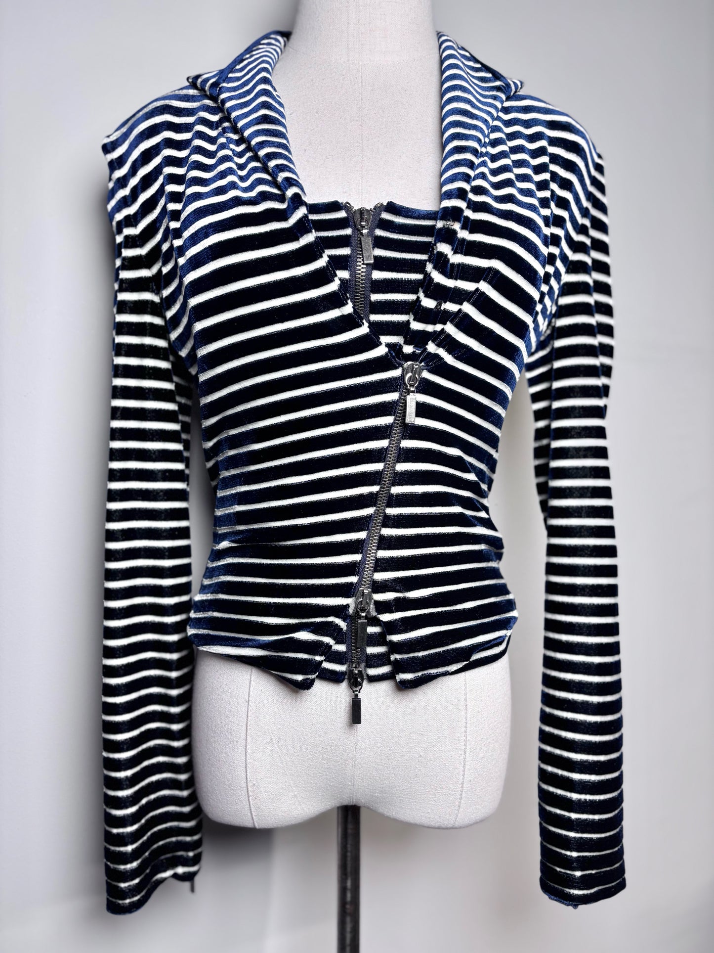 Women Size 4 (S) Giorgio Armani Blue, White Striped Bustier, Jacket Set