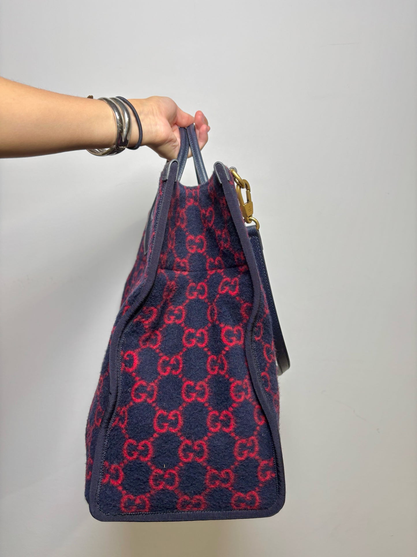 Blue, Red Gucci Double-G Monogram Wool Tote Bag
