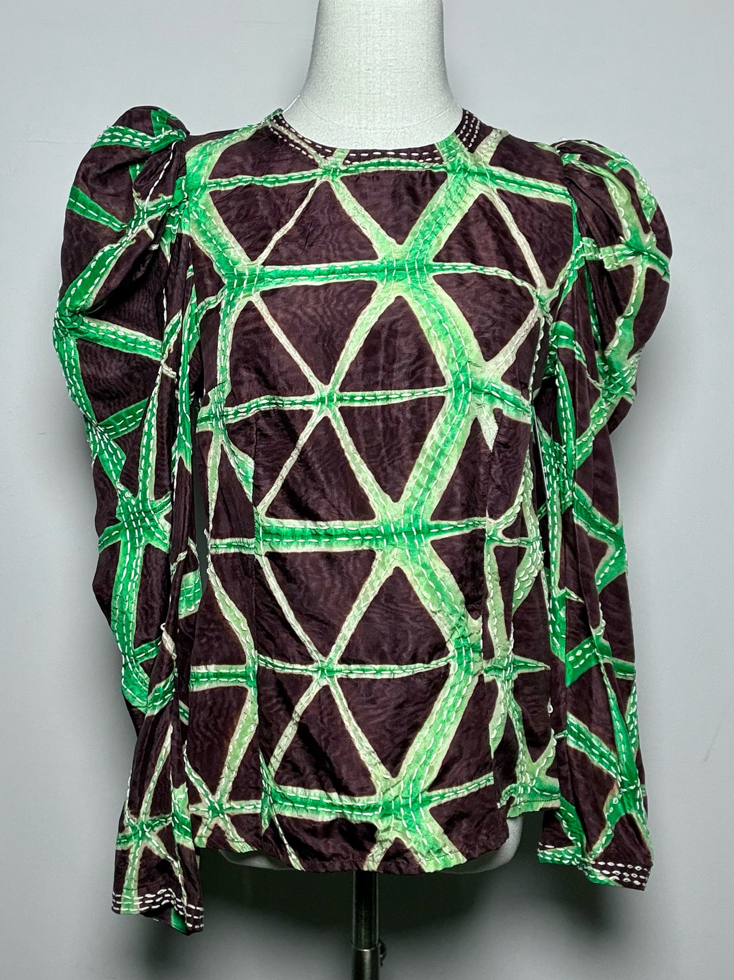Women Size 8 Ulla Johnson Brown, Green Waves 100% Silk NWT, Pre-owned Top