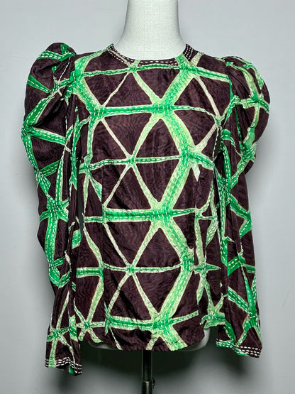 Women Size 8 Ulla Johnson Brown, Green Waves 100% Silk NWT, Pre-owned Top