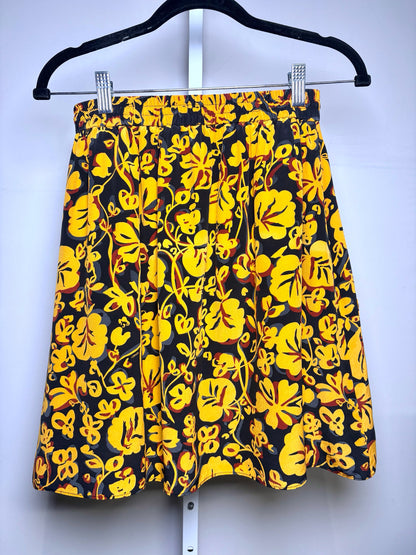 Women Size 34 Kenzo Gold, Black, Gray, Burgundy Print Pure Silk Women's Skirt