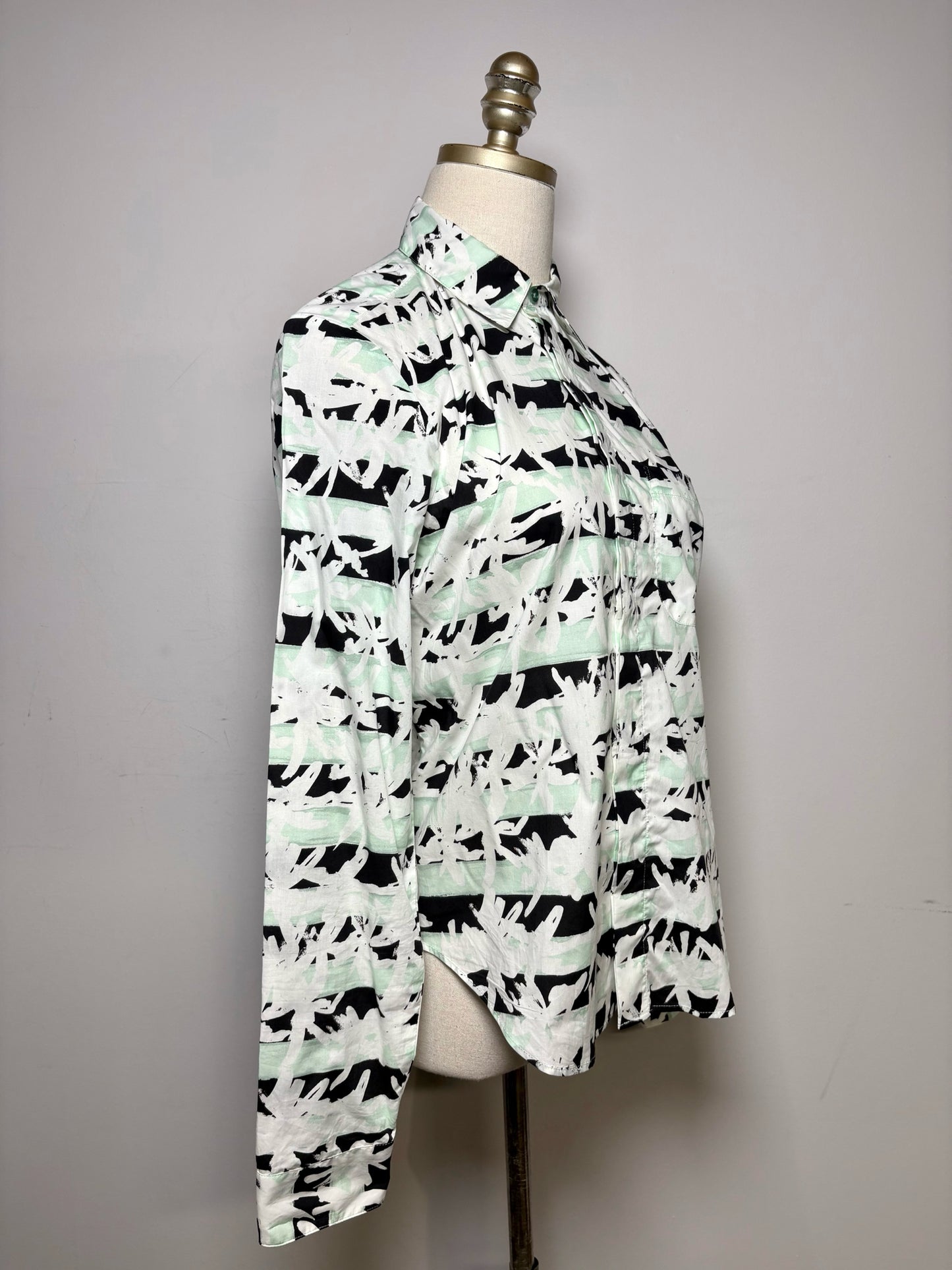 Women's Size 36 (XS) Kenzo White Black & Mint Green Geometric Print Cotton Pre-Owned Shirt