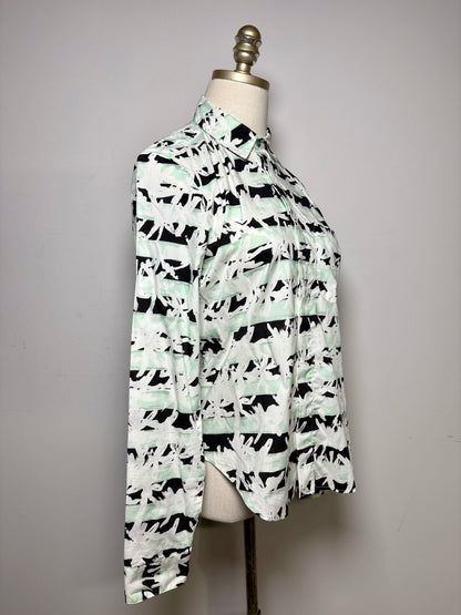 Women's Size 36 (XS) Kenzo White Black & Mint Green Geometric Print Cotton Pre-Owned Shirt