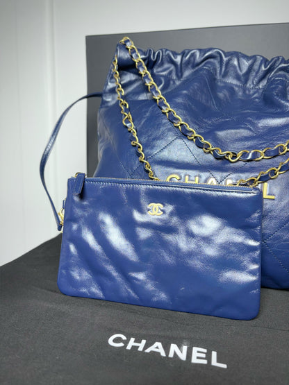 Chanel 22 Calfskin Leather Metallic Navy Blue Quilted Purse