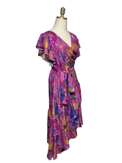 Women Size 8 Tanya Taylor Purple Multicolor Leaf Print Pure Silk Pre-Owned Wrap Midi Dress