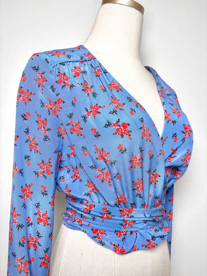 Women Size M Intermix Blue Floral Print Wrap Blouse