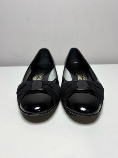 Women Shoe Size 7.5 Salvatore Ferragamo Black Patent Leather Calf Vintage Pre-Owned Crinoline Ballet Flats