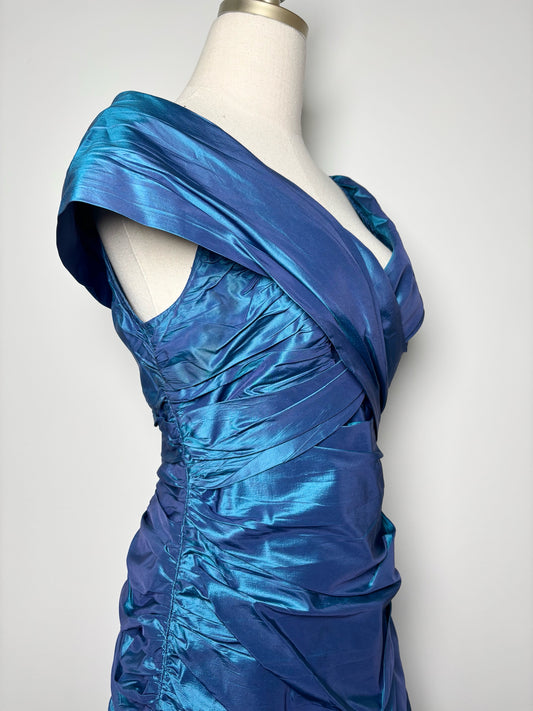 Women Size 8 Rickie Freeman Teri Jon Blue Solid Silk Dress