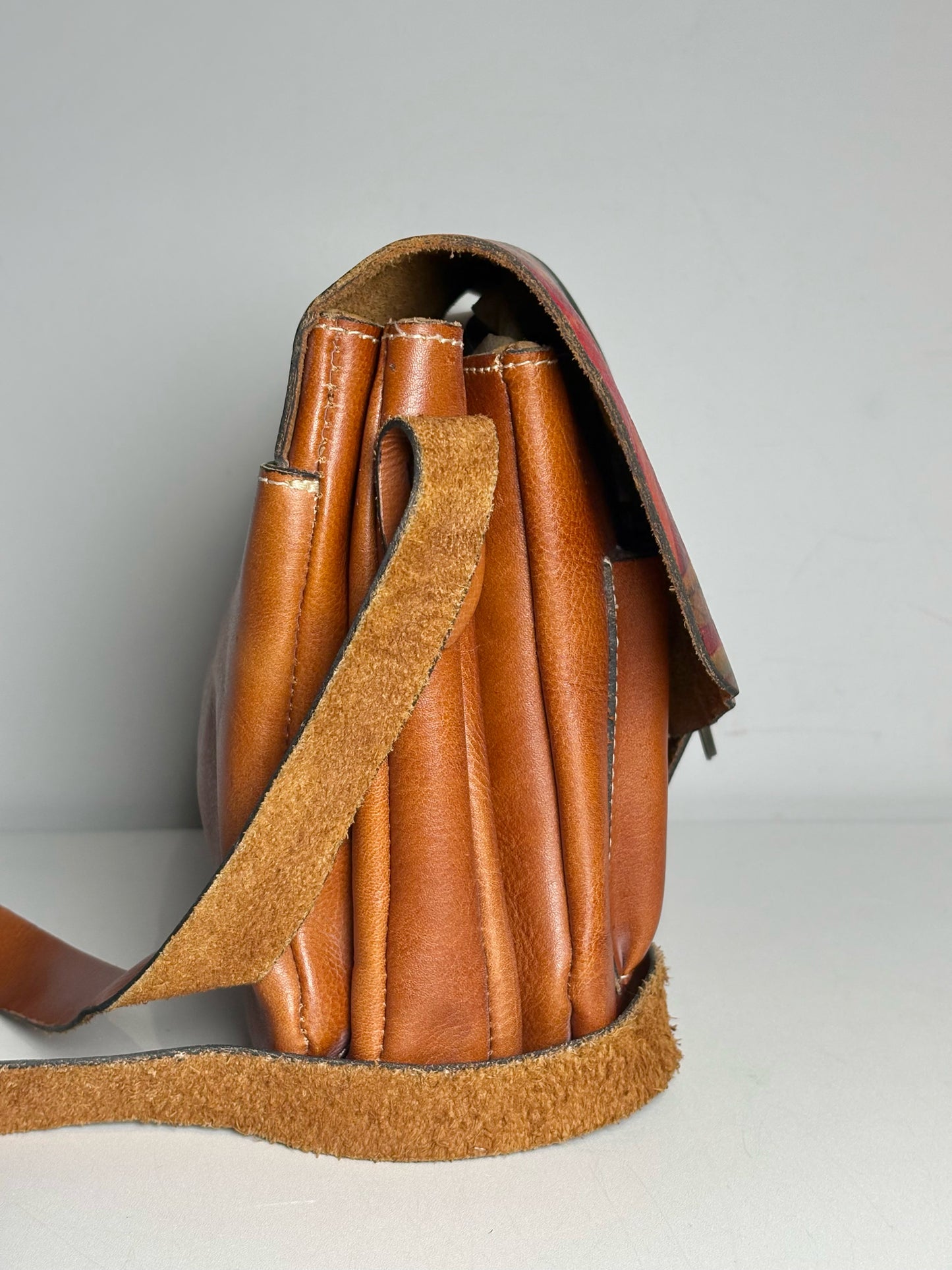 Women's Patricia Nash Saddle Bag Painted Flowers Vint Leather Pre-owned Caramel