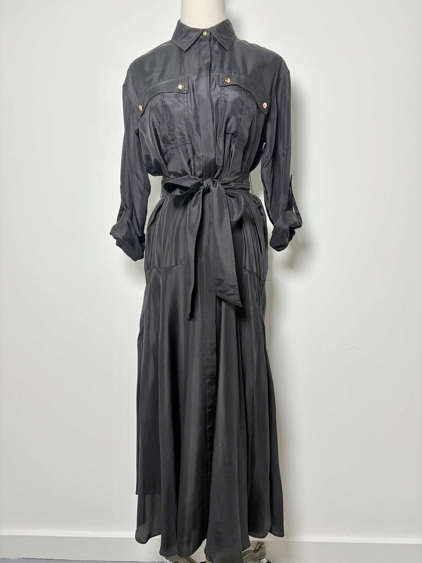 Women Size 2 Veronica Beard Black Solid Silk Shirt Midi Dress