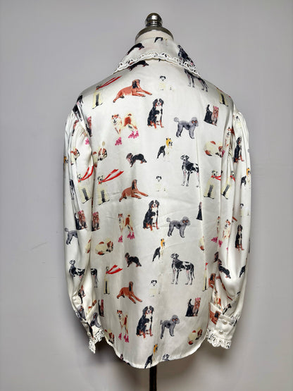 Women's Size 8 Manoush Cream Black & Orange Dog Print Pre-Owned Blouse