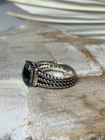 David Yurman Petite Wheaton Prasiolote, Pave' Diamonds Sz 6.5  Ring