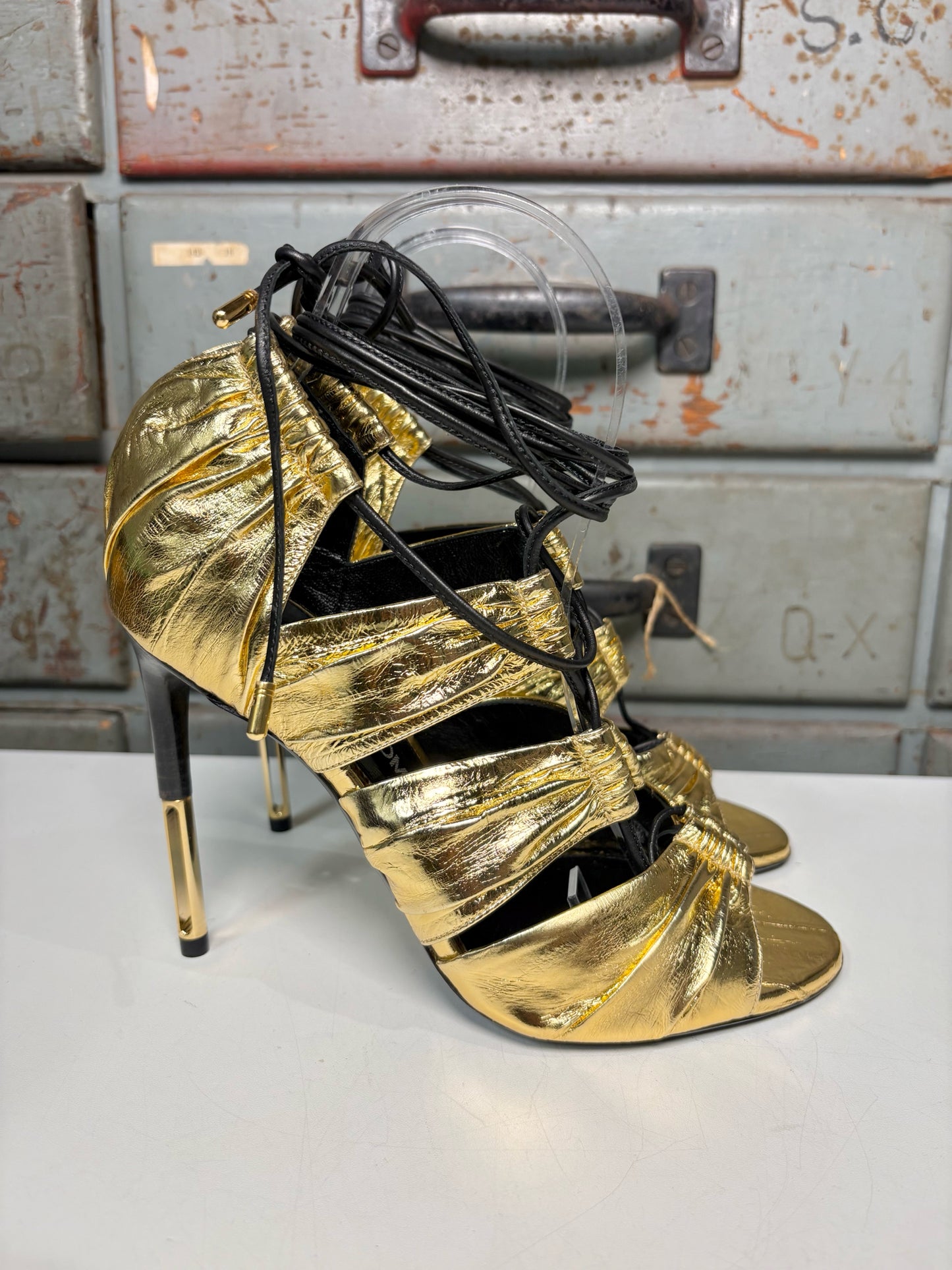 W Shoe Size 38 (7.5 - 8) Tom Ford Metallic Gold Leather Cage Stiletto Heels