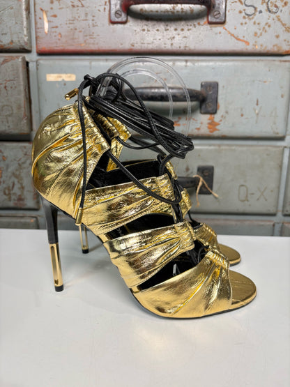 W Shoe Size 38 (7.5 - 8) Tom Ford Metallic Gold Leather Cage Stiletto Heels
