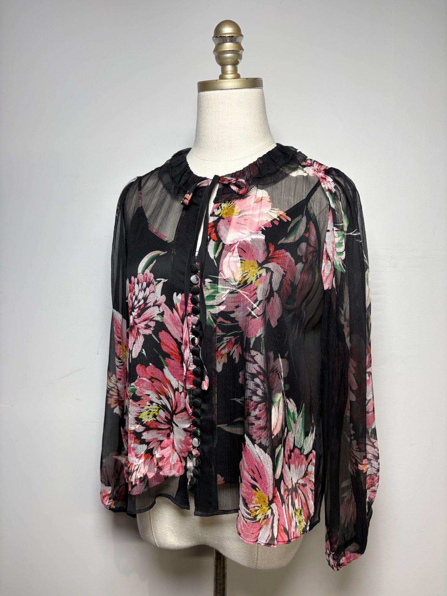 Women Size PS Jade by Johnny Was Black Floral Print Pure Silk Pre-Owned 2-Piece Blouse