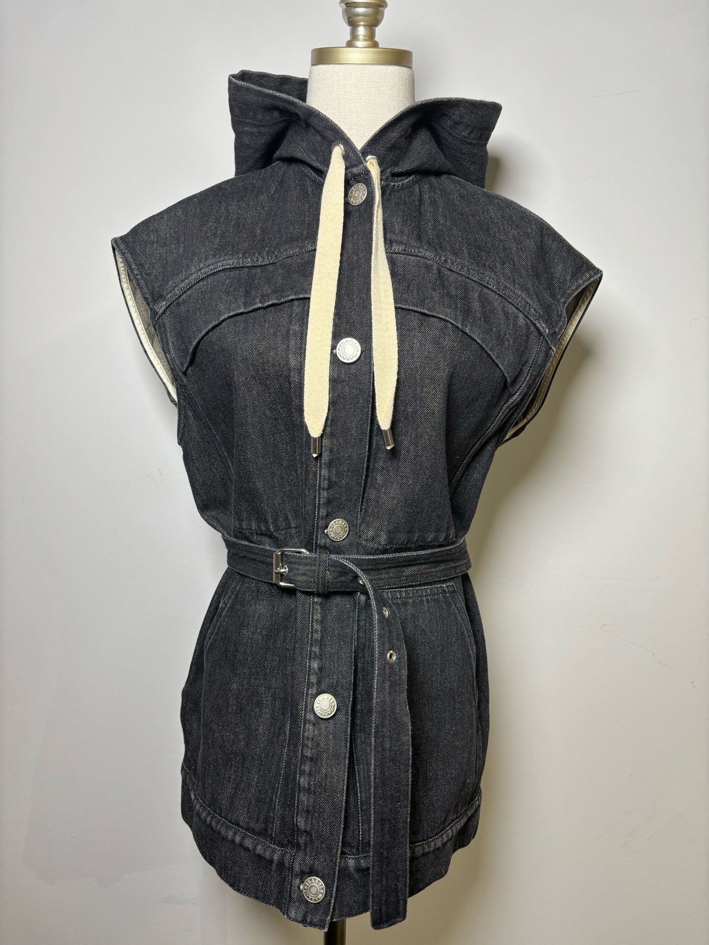 Women Size 6 Isabel Etoile Marant Black Solid Denim Hood Vest