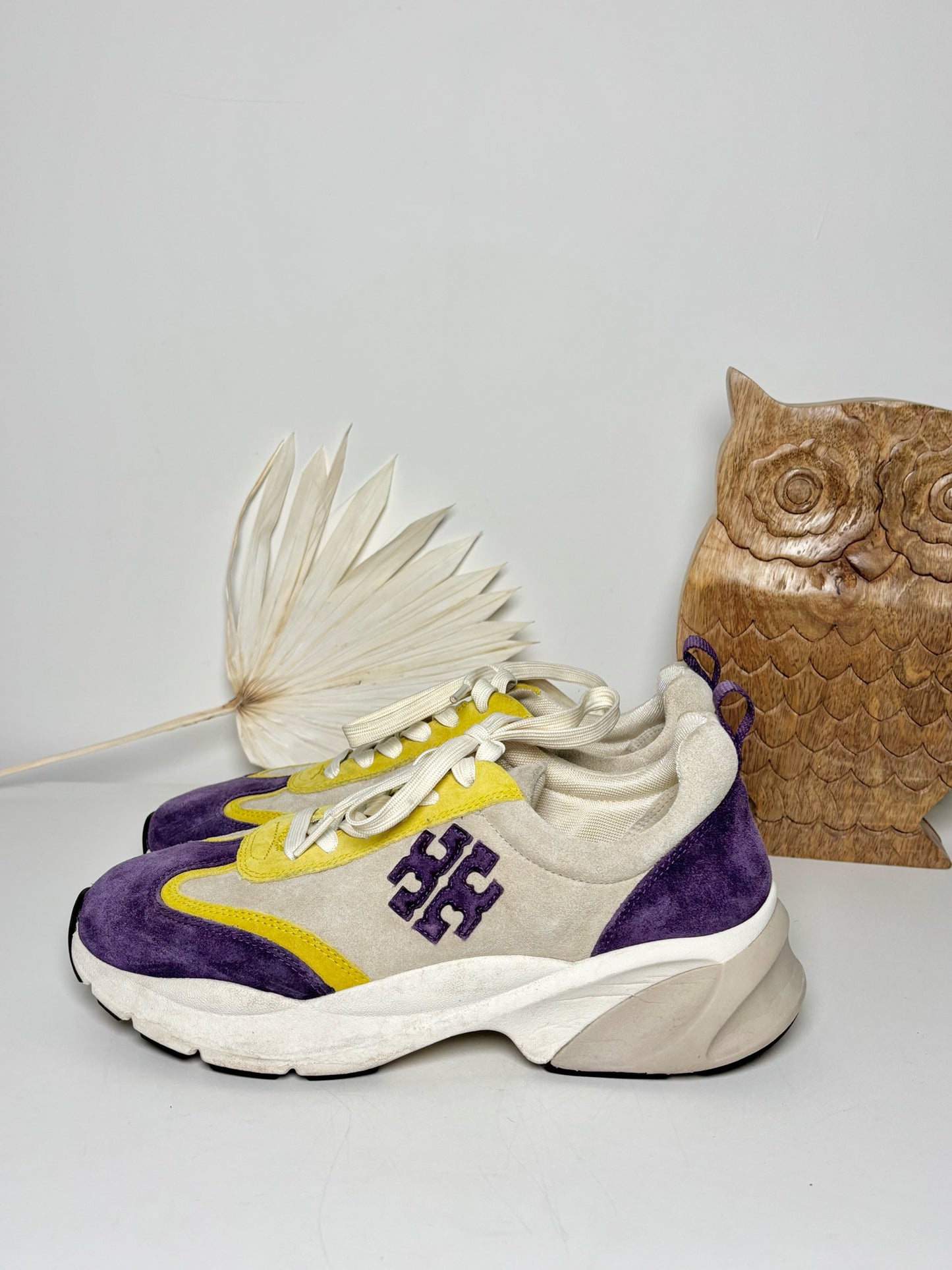W Shoe Size 9.5 Tory Burch Yellow, Purple Leather Suede Sneakers