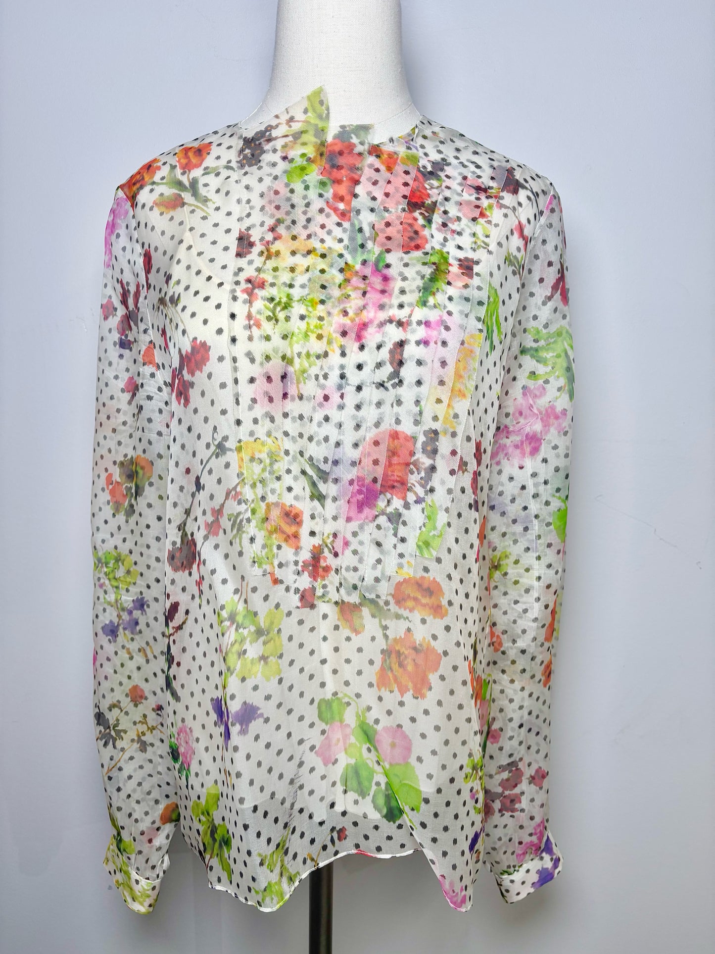 Women Size 14 Oscar de la Renta Multi-Color Dot, Floral Print Blouse