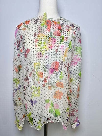 Women Size 14 Oscar de la Renta Multi-Color Dot, Floral Print Blouse