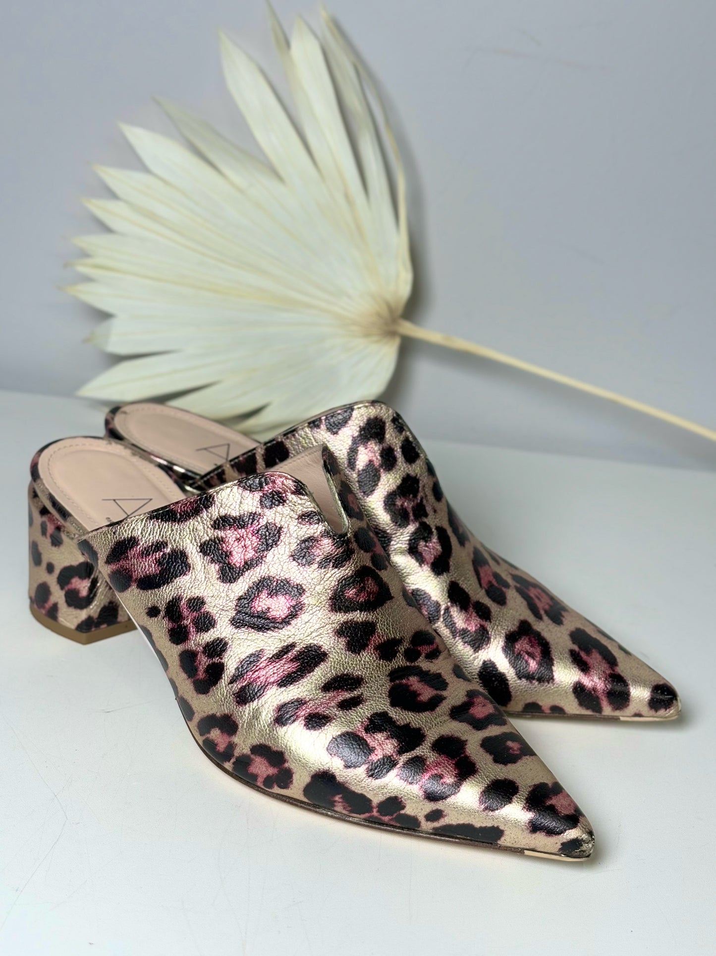 W Shoe Size 37 (6.5) AGL Gold Leather Leopard-Print Mule Pumps