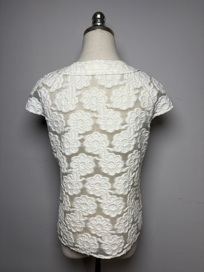 Women's Authentic Chanel 2009 Cruise Runway Ecru Flocked Camellia Semi-Sheer Pre-Owned Top
