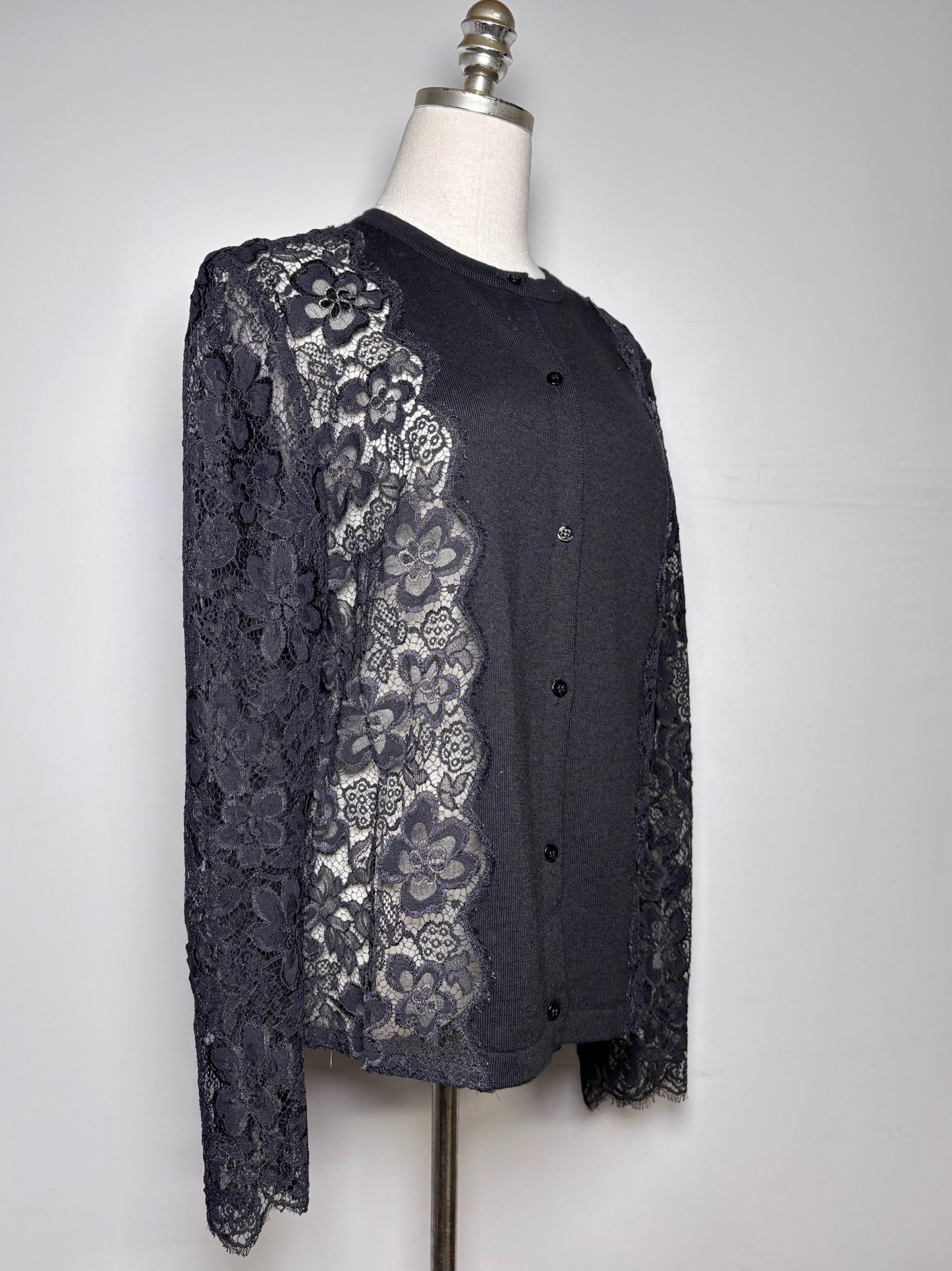 Women Size L Carolina Herrera Black Solid w/Lace Sleeves Wool, Lace Sweater
