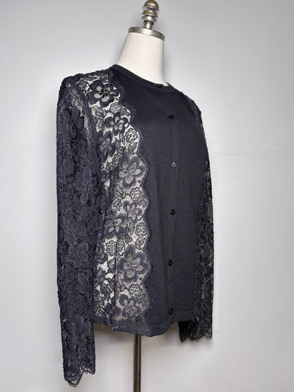 Women Size L Carolina Herrera Black Solid w/Lace Sleeves Wool, Lace Sweater