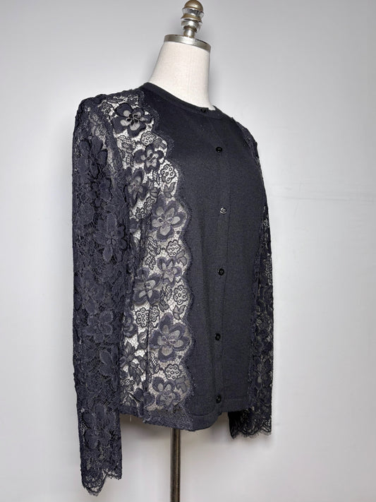 Women Size L Carolina Herrera Black Solid w/Lace Sleeves Wool, Lace Sweater