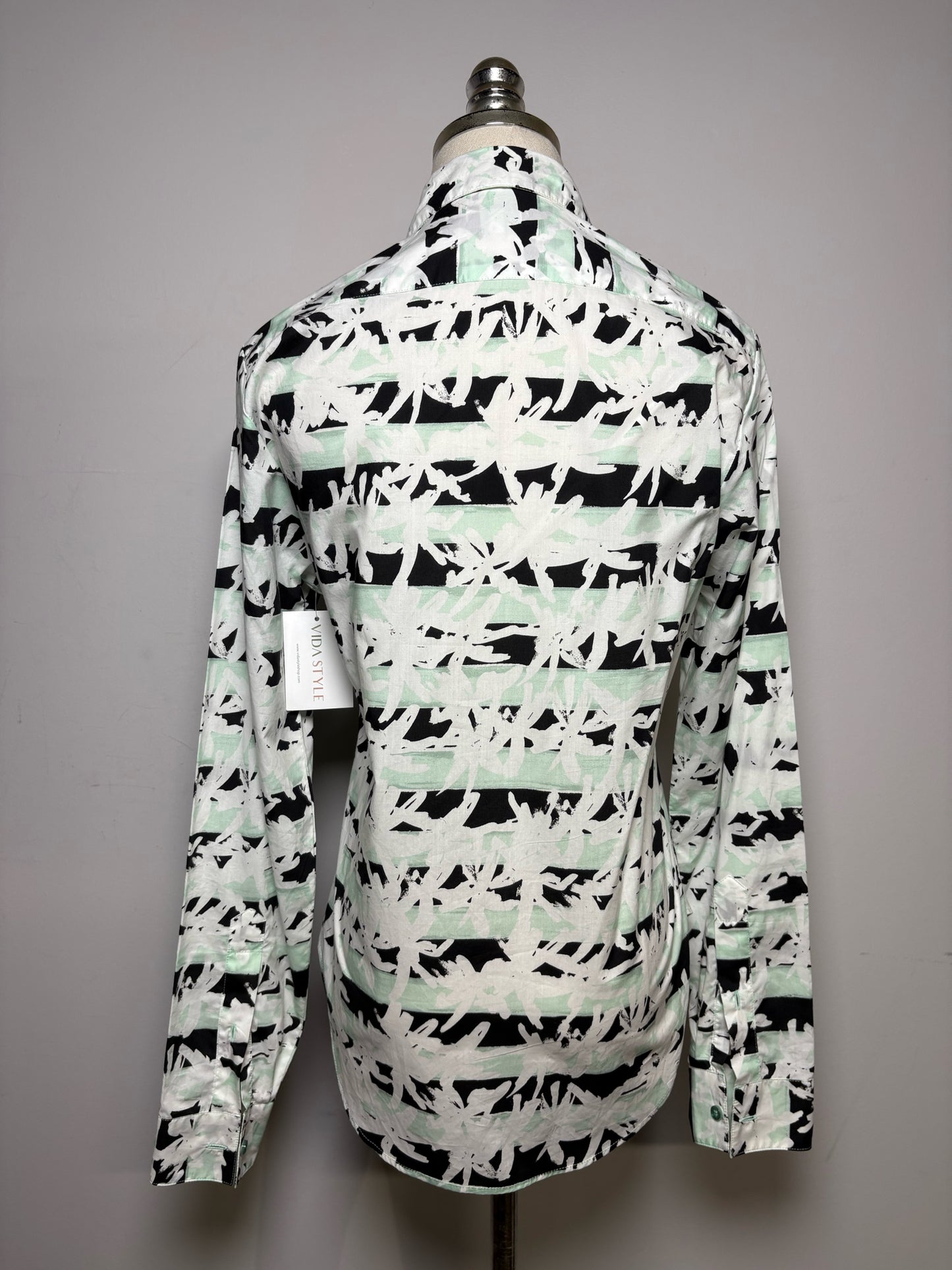 Women's Size 36 (XS) Kenzo White Black & Mint Green Geometric Print Cotton Pre-Owned Shirt