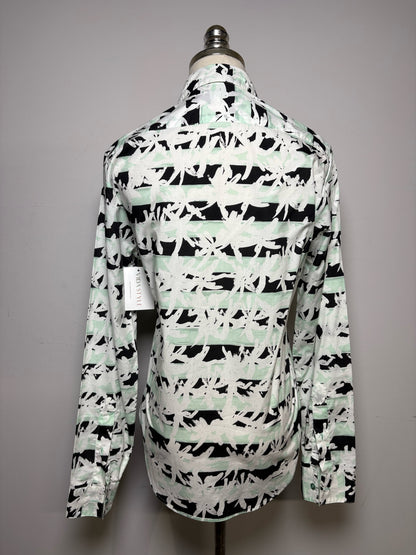 Women's Size 36 (XS) Kenzo White Black & Mint Green Geometric Print Cotton Pre-Owned Shirt