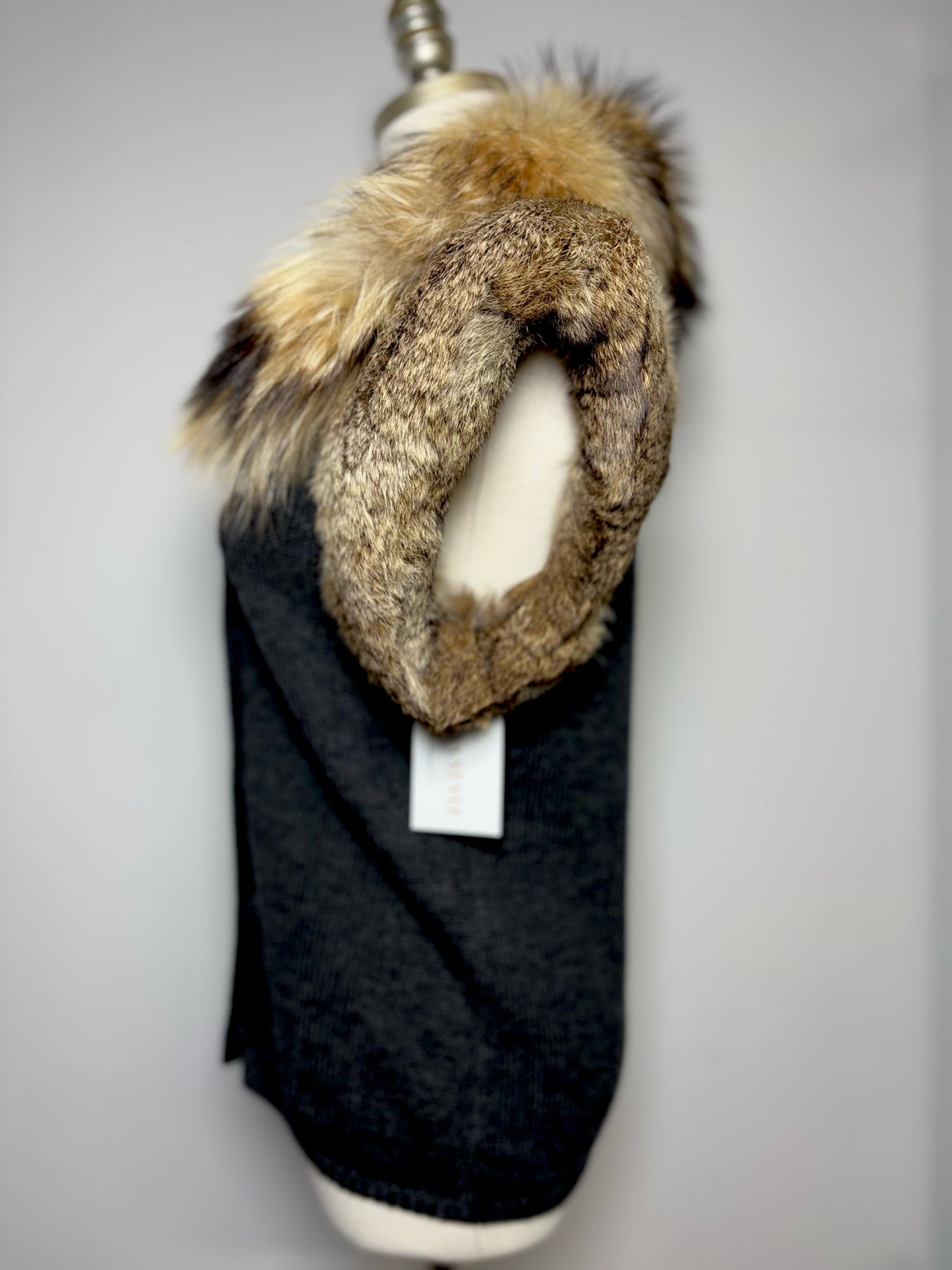 Women Size S Diane Von Furstenberg Charcoal Solid w/Fox Trim Wool Blend Sweater