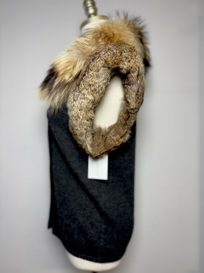 Women Size S Diane Von Furstenberg Charcoal Solid w/Fox Trim Wool Blend Sweater
