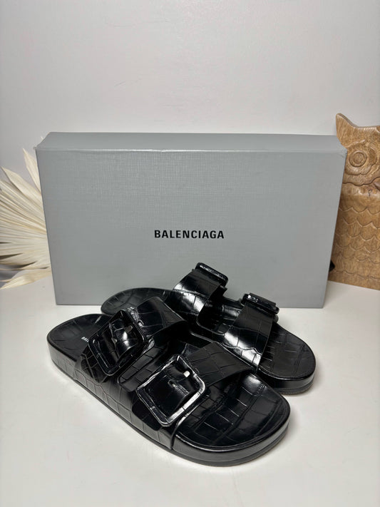 Balenciaga Black Croc Embossed Leather Cowhide NWT Mallorca Sandals Sz 9
