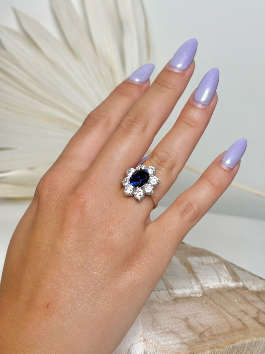 Sapphire 14K White Gold CZ Halo Sz 6 Princess Diana Inspired Ring