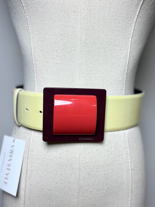 Chanel Patent Leather, Acetate Square Buckle 36 Vintage Belt